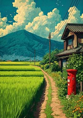 Japanese Countryside Landscape with Red Postbox