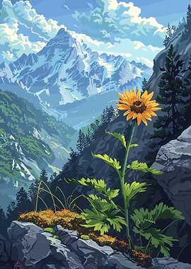 Mountain Landscape with Sunflower