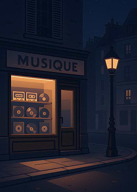 Nighttime Music Store Scene
