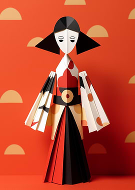 Papercraft Japanese Doll on Orange Background