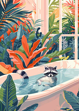 Raccoon Relaxing in Bathtub with Plants