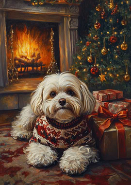 Havanese Dog in Christmas Sweater by Fireplace