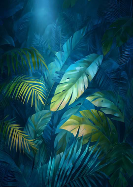 Tropical Leaves in Blue and Green