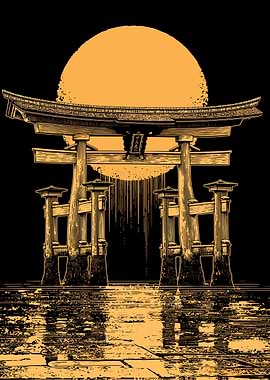 Torii Gate with Rising Sun Illustration