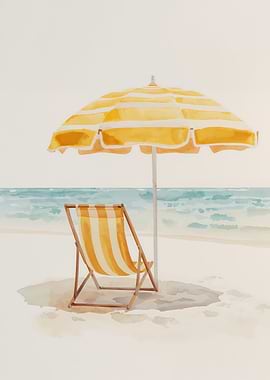 Watercolor Beach Scene with Umbrella