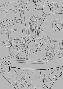 Meditating Woman with Orbs Line Art