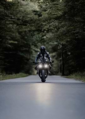 Motorcycle Rider on Forest Road