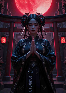 Asian Woman Praying Under Red Moon