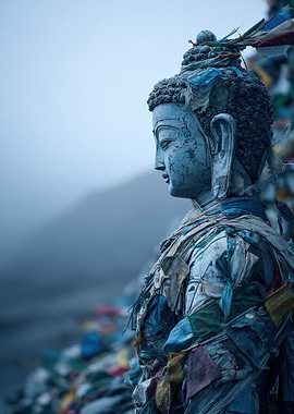 Buddha Statue with Prayer Flags