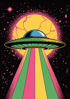 Retro UFO with Colorful Beam