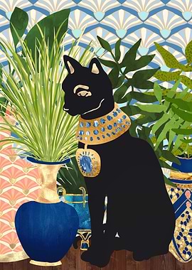 Egyptian Cat with Plants and Vases