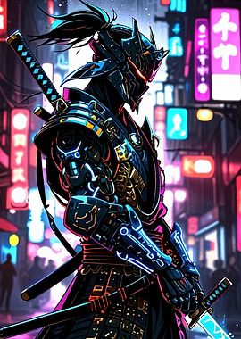 Cyberpunk Samurai in Neon Cityscape