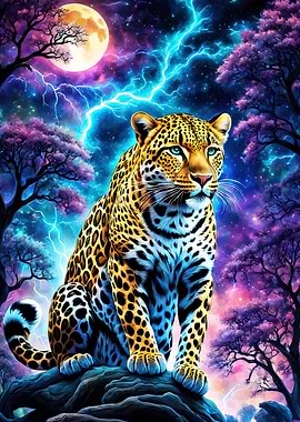 Leopard stormy moonlit sky