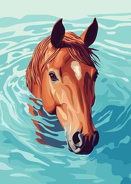 Horse swimming in blue water illustration