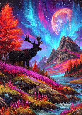 Colorful Fantasy Landscape with Deer