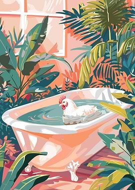 Chicken Bathing in Tropical Setting