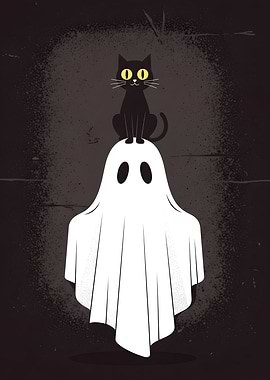 Black Cat on Ghost Halloween Illustration