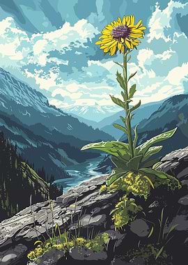 Mountain Landscape with Yellow Flower