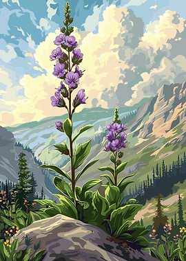 Purple Flowers in Mountain Landscape
