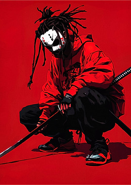 Masked Figure with Swords on Red