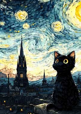 Black Cat Starry Night Cityscape