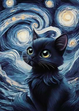 Black Cat in Starry Night