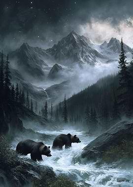 Bears in Mountain River Landscape