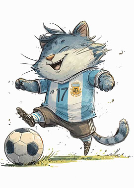 Cartoon Cat Soccer Player Argentina Jersey