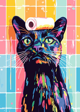 Colorful Cat with Toilet Paper Hat