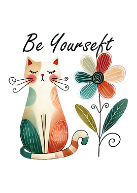 Be Yourself Cat and Flower Illustration