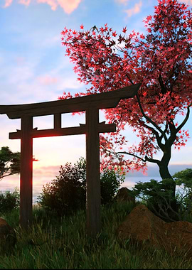 Japanese Torii Gate with Cherry Blossoms