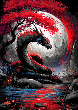 Dragon under the moon with red tree