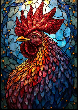 Colorful Rooster Stained Glass Art