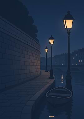 Nighttime Canal Scene with Street Lamps