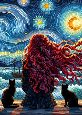 Cats and Starry Night Seascape