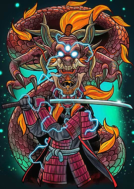 Samurai and Dragon with Lightning
