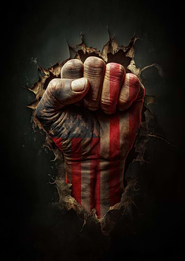 American Flag Fist Breaking Through Wall