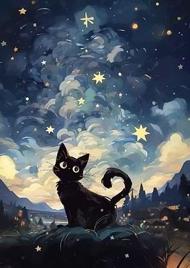 Cat Starry Night Sky