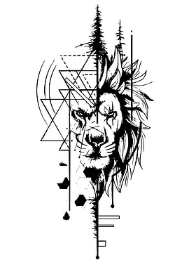 Lion and Geometric Shapes Black Ink