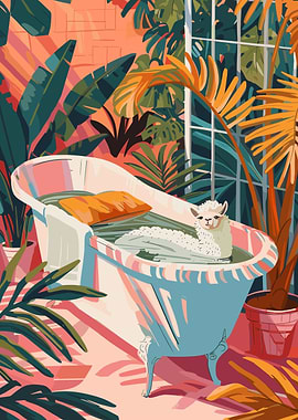 Llama in Bathtub with Tropical Plants