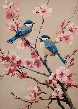 Birds on Cherry Blossom Branch Painting