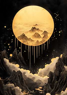 Golden Moon and Mountain Landscape Art