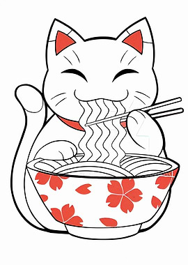 Lucky Cat Eating Ramen Illustration