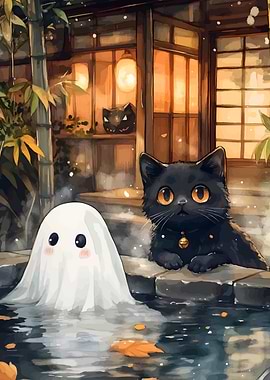 Cute Ghost and Black Cat