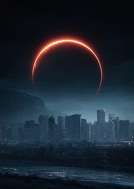 Cityscape with Ringed Planet