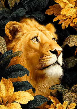 Lion Portrait Surrounded by Foliage