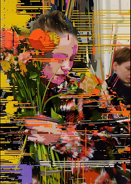 Glitch Bloom: Fragmented Portrait with Flowers