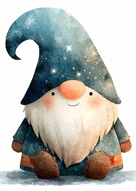 Watercolor Gnome with Starry Hat