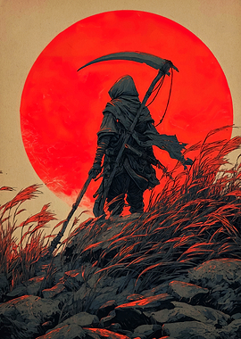 Grim Reaper Silhouette with Red Sun