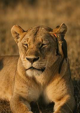 Lioness and Oxpecker Bird Portrait